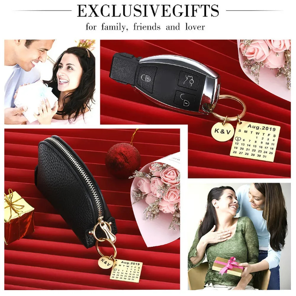 Personalized Custom Key Chain Engraved Calendar Date Stainless Steel Wedding Anniversary Gift with Box for Boyfriend Husband 240516
