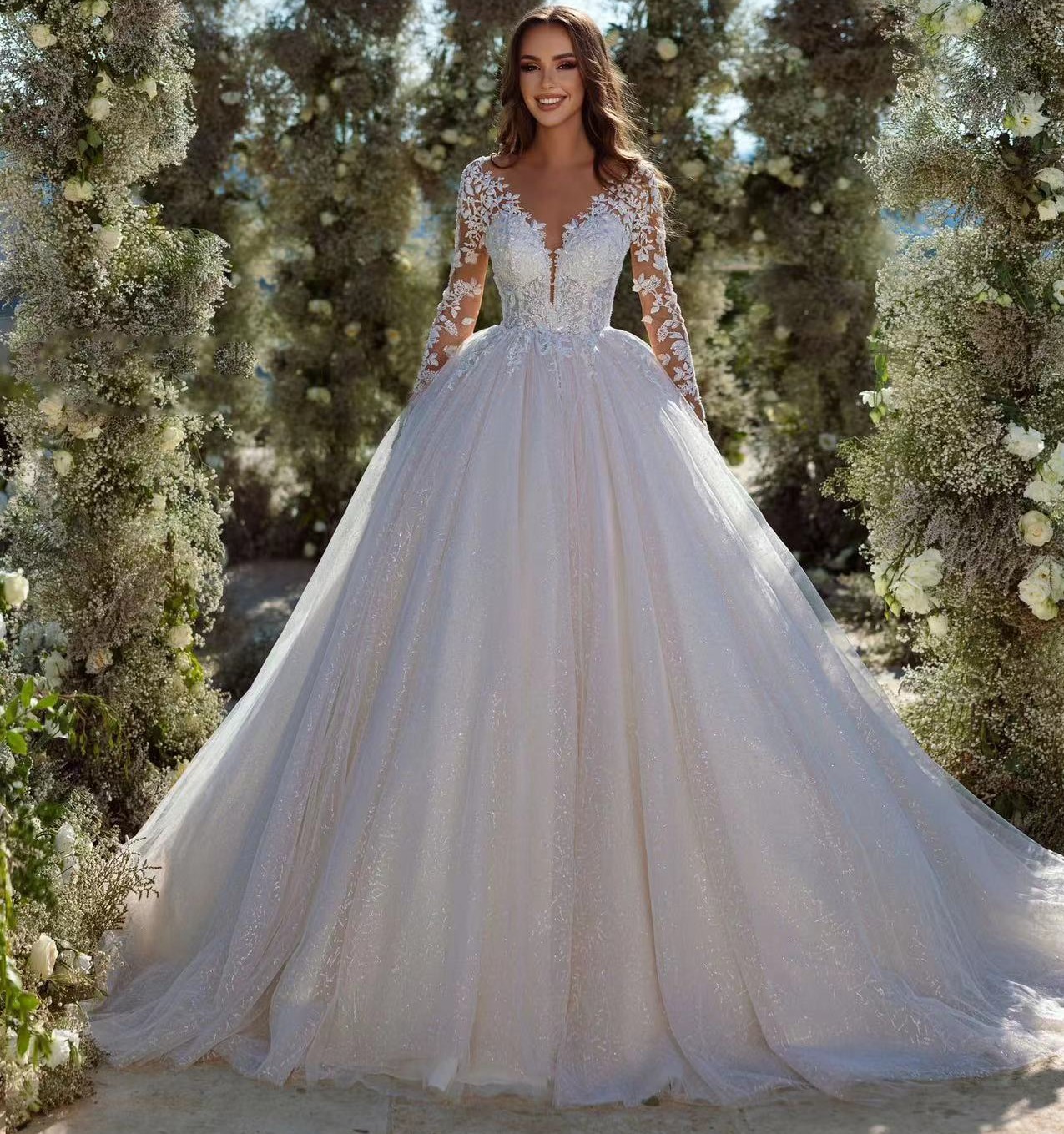 2024 New A-line Wedding Dress Illusion Neck Long Sleeves Flower Lace Appliques Women Bride Gown Wedding Dresses Vestido De Noiva Customed