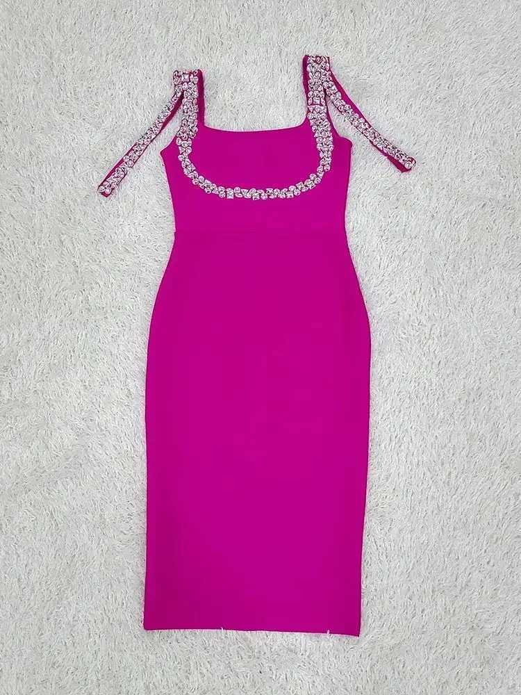 Basic Casual Dresses Sexy Womens Spaghetti Shoulder Strap Square Neck Diamond Bandage Midi Dress Body Celebrity Club Party Evening Dress Vestidos J240