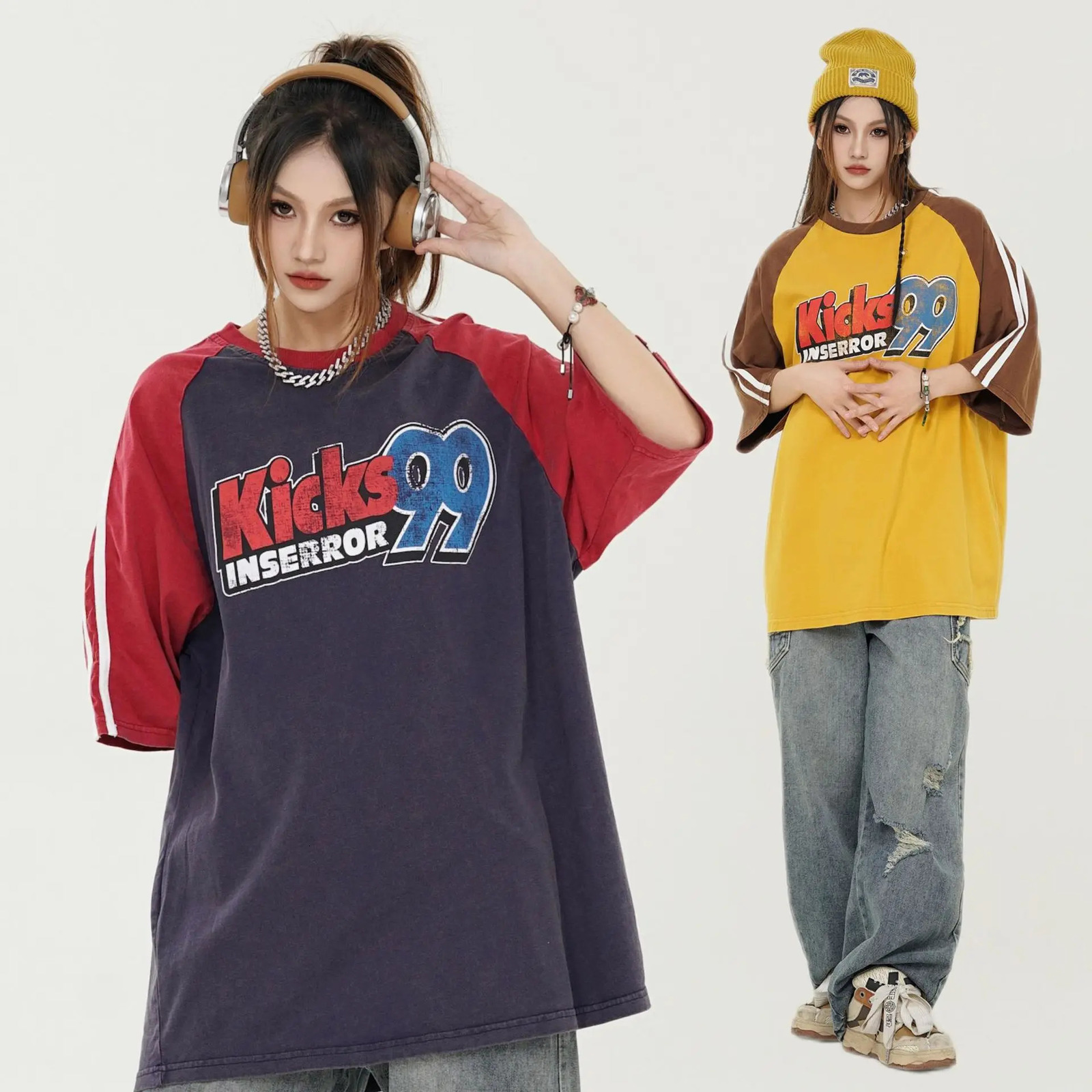 n street fashion tshirt loose retro color matching medieval style shoulder sleeve short T 240518