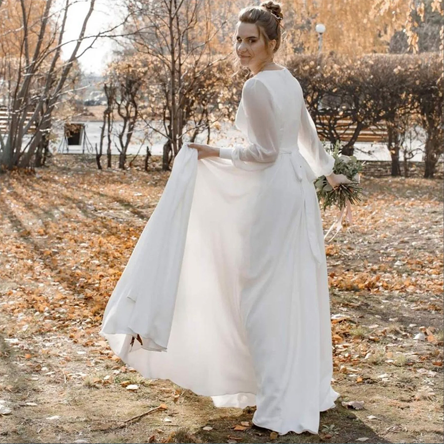 Simple A Line Chiffon Wedding Dress White Ivory Bridal Gowns V Neck Long Sleeves Floor Length With Sash Lady Summer Beach Marriage Dresses