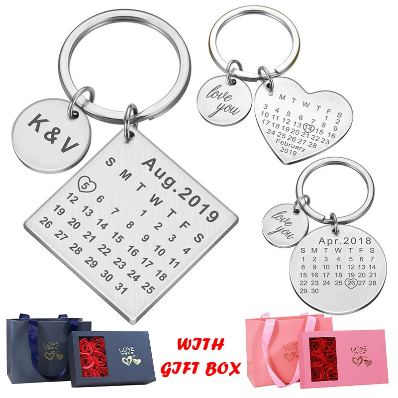 Personalized Custom Key Chain Engraved Calendar Date Stainless Steel Wedding Anniversary Gift with Box for Boyfriend Husband 240516
