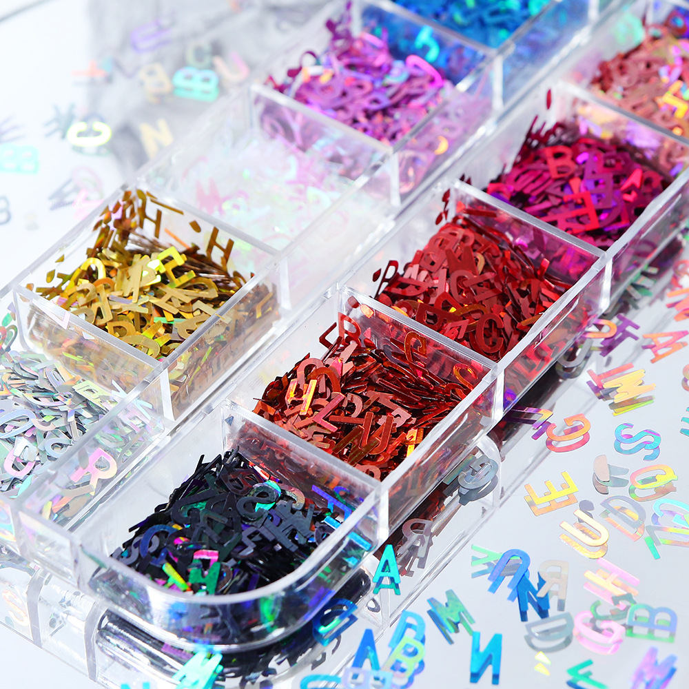 NAR051 3D Holographic Nail Art Decorations for DIY Crystal UV Epoxy Resin Mold Fillings Sparkle English Letters Glitter Sequins sticker