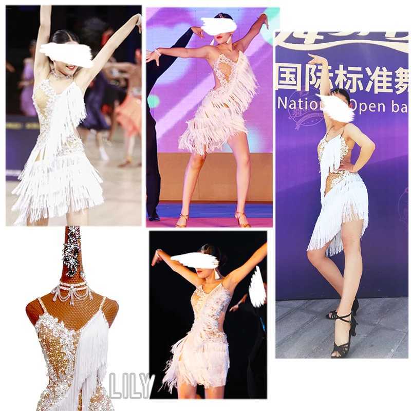 Basic Casual Dresses New Latin Dance Ski Competition Performance Skiing Adult Customized White Tassel Embroidery Sexy Dance Skiing J240523