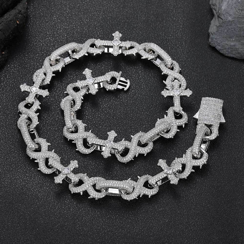 16mm Hip Hop 8 Shape Cross Cuban Chain Necklace Bracelets 5A Zircon Jewelry Set