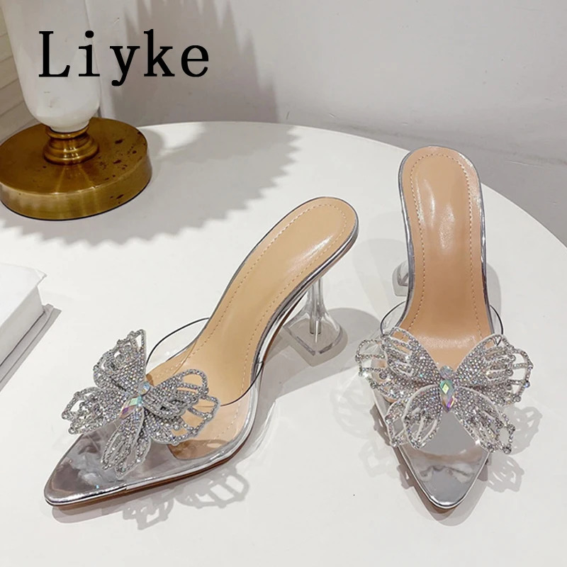Liyke PVC womens slippers fashionable rhie bow summer sandals dot toe transparent high New heels party ball shoes 240517