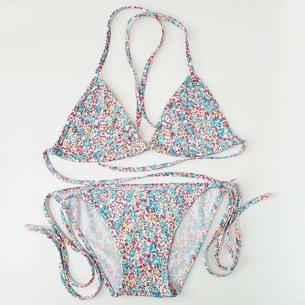 Ddmytiger Ddmytiger New Swimsuit Women S Floral Lace Up Sexy Three Point Beach Bikini Can Be Added With Chest Pads H