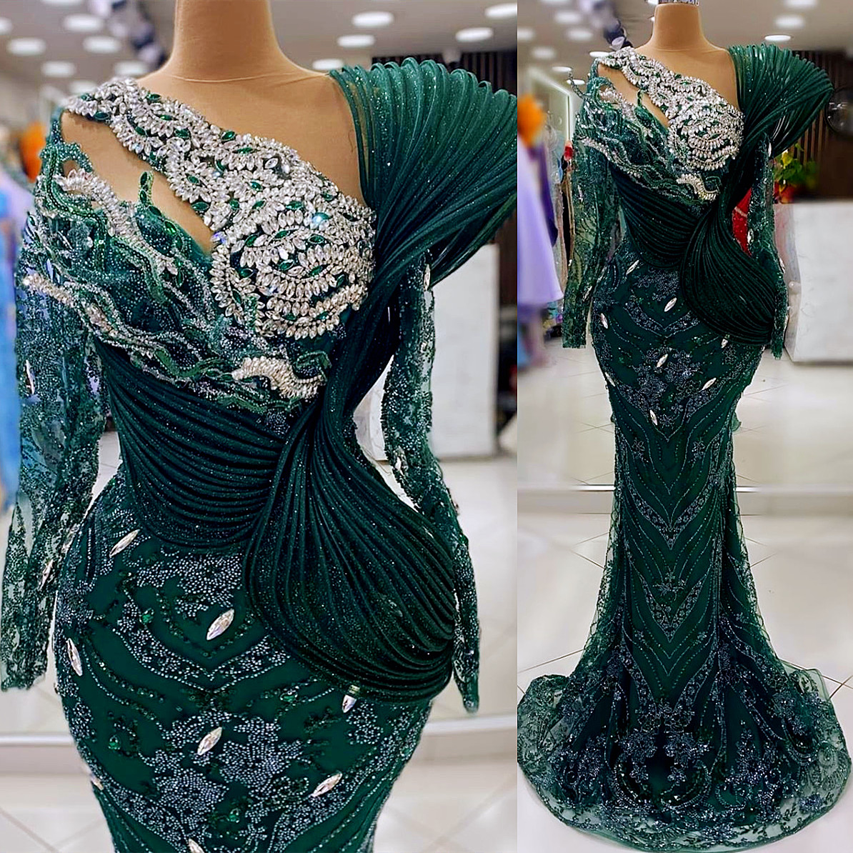 2024 Aso Ebi Dark Green Mermaid Prom Dress Crystals Beaded Lace Evening Formal Party Second Reception 50th Birthday Engagement Thanksgiving Gowns Dres