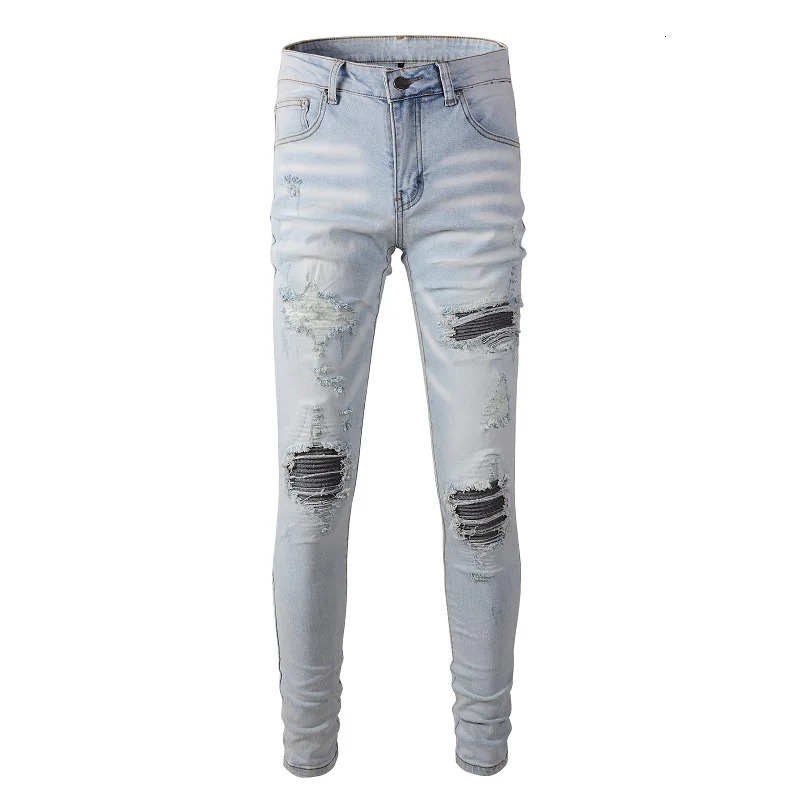 A699 Washed Hole Splicing Cat Whiskers Grinding White Collision Color Slim Blue Elastic Mens Stretch Jeans 240523