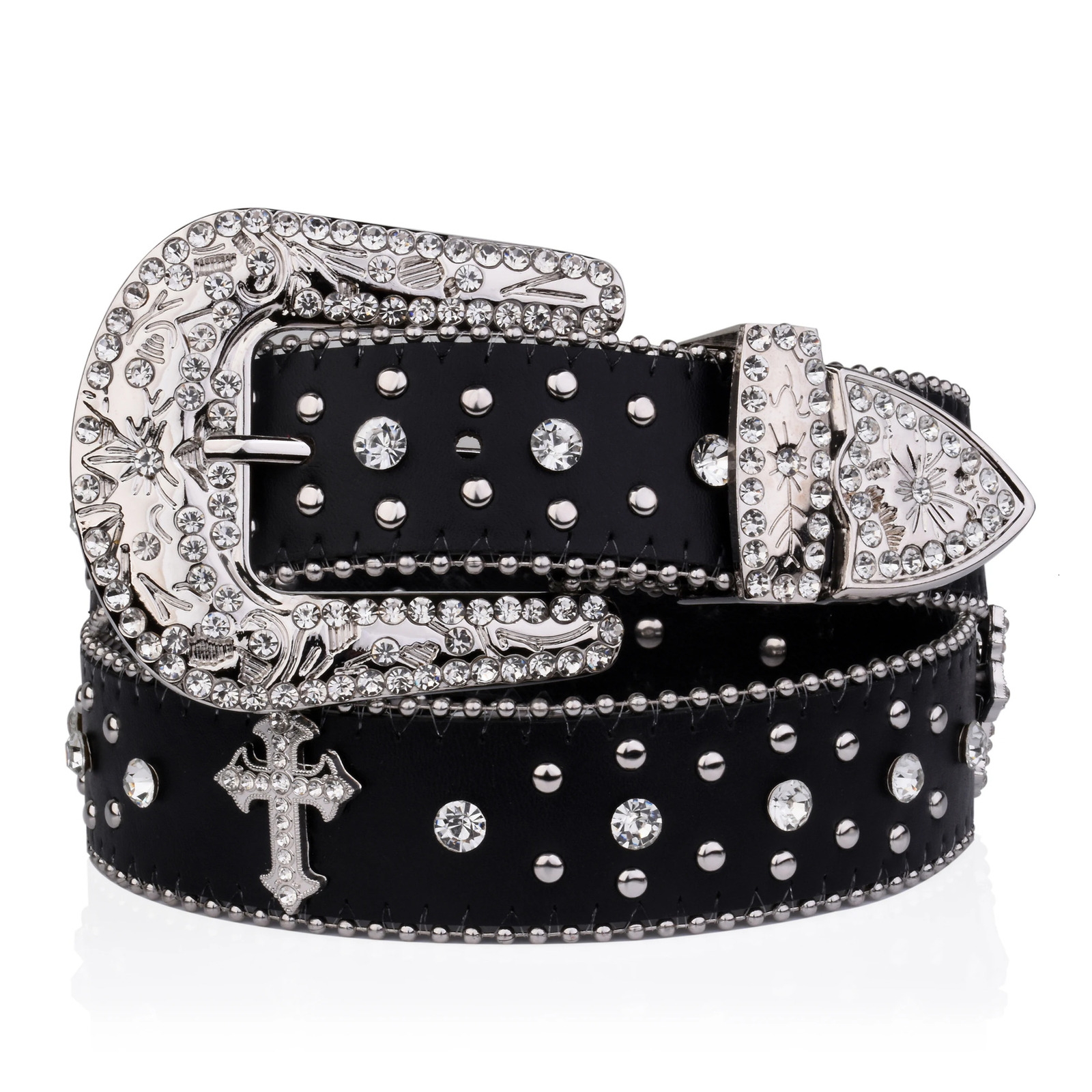 Black Cross Rivet Belt Engraved Buckle Rhinestone Decor PU Belt Hip Hop Jeans Pants Belt Punk Western Cowboy Cowgirl Belts 246 240522