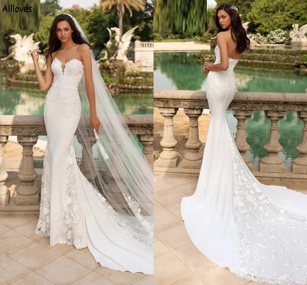 Wedding Mermaid Lace Appliqued Dresses for Bride Simple Satin Boho Garden Beach Bridal Gowns Sexy Sweetheart Backless Buttons Reception Robes De Marie