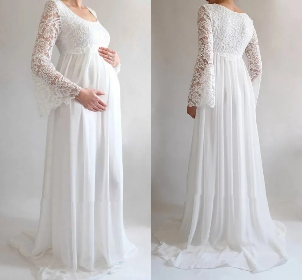 Empire Beautiful Lace Maternity Wedding Dresses 2024 Flare Sleeves Scoop Necke Pregnant Bridal Gowns High Waist Chiffon Vestidos 6660312