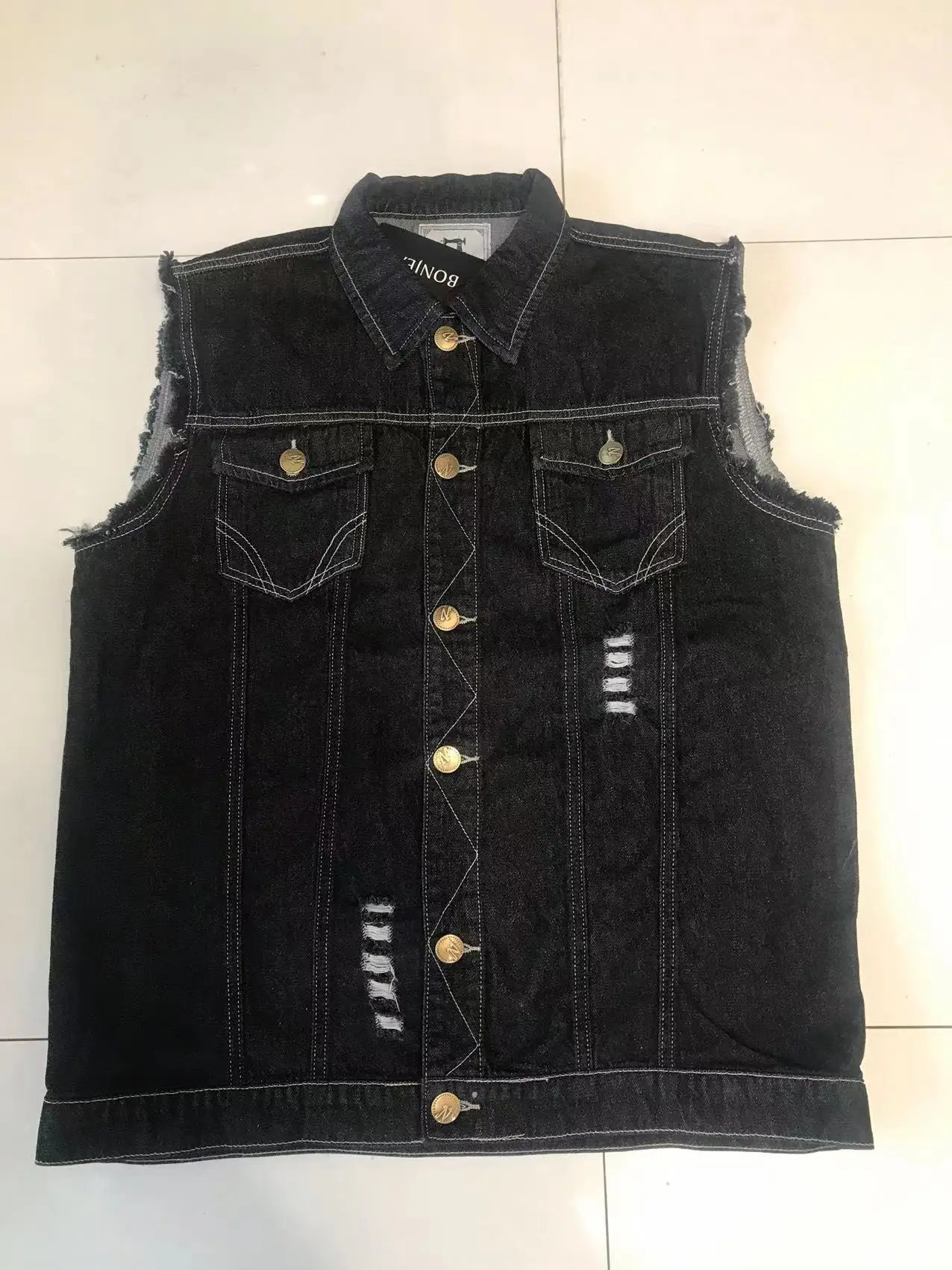 Mens Motorcycle Biker Vest Strawhat Skull Print Distressed Hole Punk Sleevless Denim Jacket Black Streetwear Waistcoat 240509