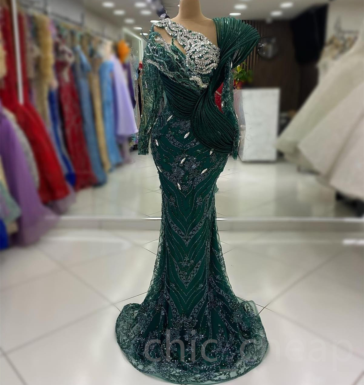 2024 Aso Ebi Dark Green Mermaid Prom Dress Crystals Beaded Lace Evening Formal Party Second Reception 50th Birthday Engagement Thanksgiving Gowns Dres