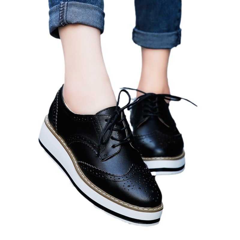 Brand Women Platform Flats Woman Brogue Derby Leather Lace Up Classic Bullock Footwear Female Oxford Shoes Lady Zapatos De Mujer Y0907