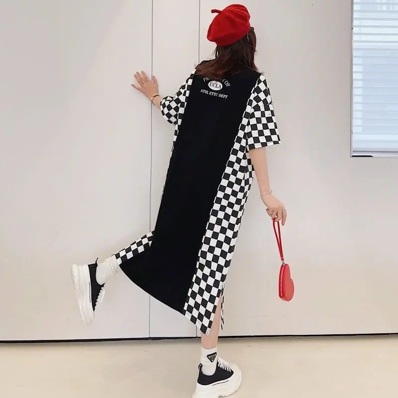 Fashion Plaid Printing Midi Dress Summer Loose Short Sleeve Pullovers Vintage Womens Clothing Casual Straight Dresses 240518