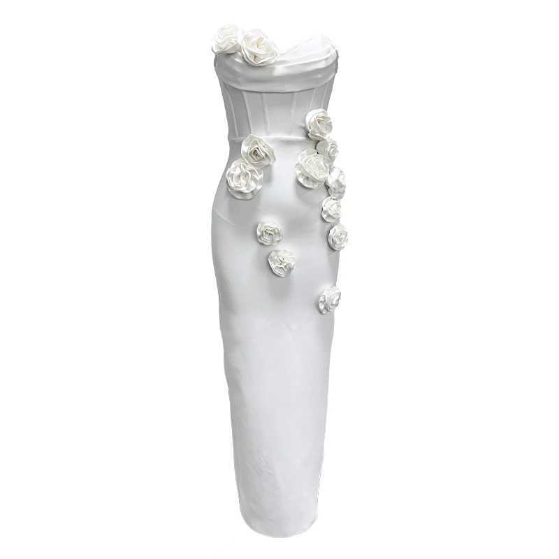 Basic Casual Dresses Factory wholesale womens white flower strapless tight fitting fashion sexy celebrity cocktail party bandage long dresses J240523