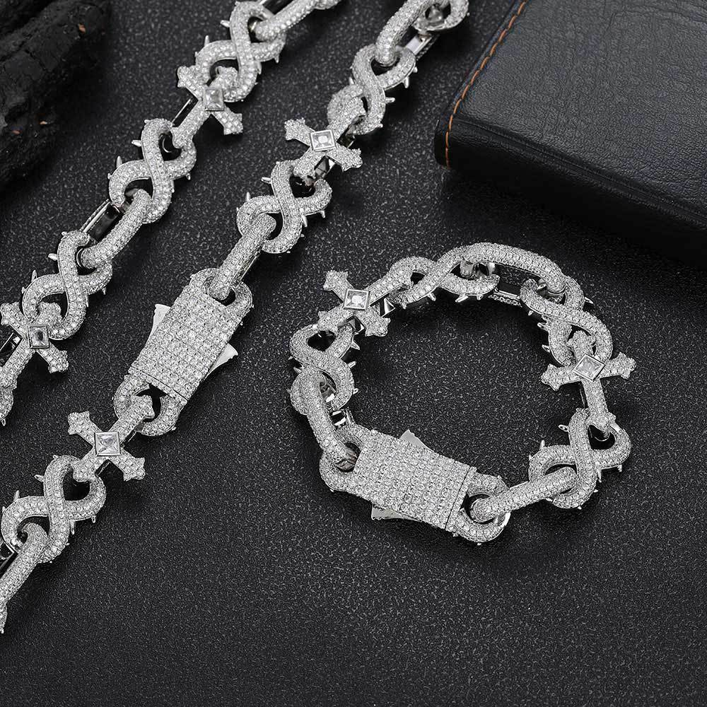 16mm Hip Hop 8 Shape Cross Cuban Chain Necklace Bracelets 5A Zircon Jewelry Set