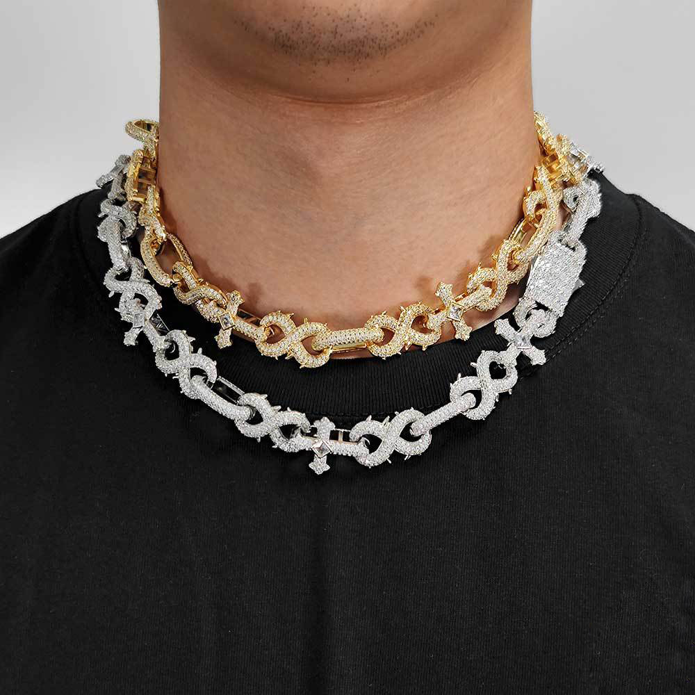 16mm Hip Hop 8 Shape Cross Cuban Chain Necklace Bracelets 5A Zircon Jewelry Set