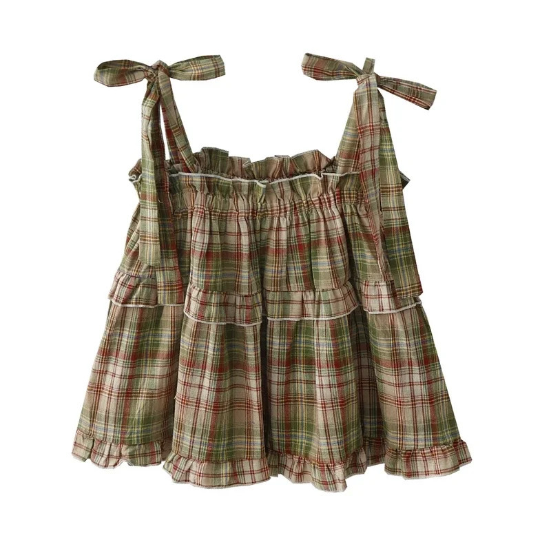 Girly Y2k Crop Top Homemade Summer Japan Style Vintage Sweet Spicy Fungus Edge Lace Up Green Plaid Strap Tank Top for Women 240523