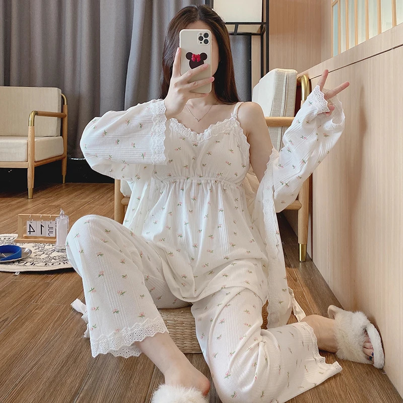 3pcs Lace Cotton Maternity Nursing Sleepwear Sets Breast Feeding Pajamas for Pregnant Women Pregnancy Lacation Home Hospital 240523