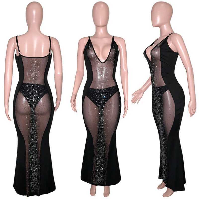 Basic Casual Dresses Sexy Crystal Rhinestone Black Maxi Dress Womens Dress Mesh Perspective Backless Mermaid Body Dress Special Occasion Set J240523