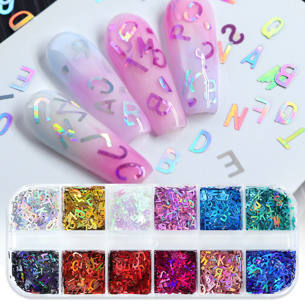 NAR051 3D Holographic Nail Art Decorations for DIY Crystal UV Epoxy Resin Mold Fillings Sparkle English Letters Glitter Sequins sticker
