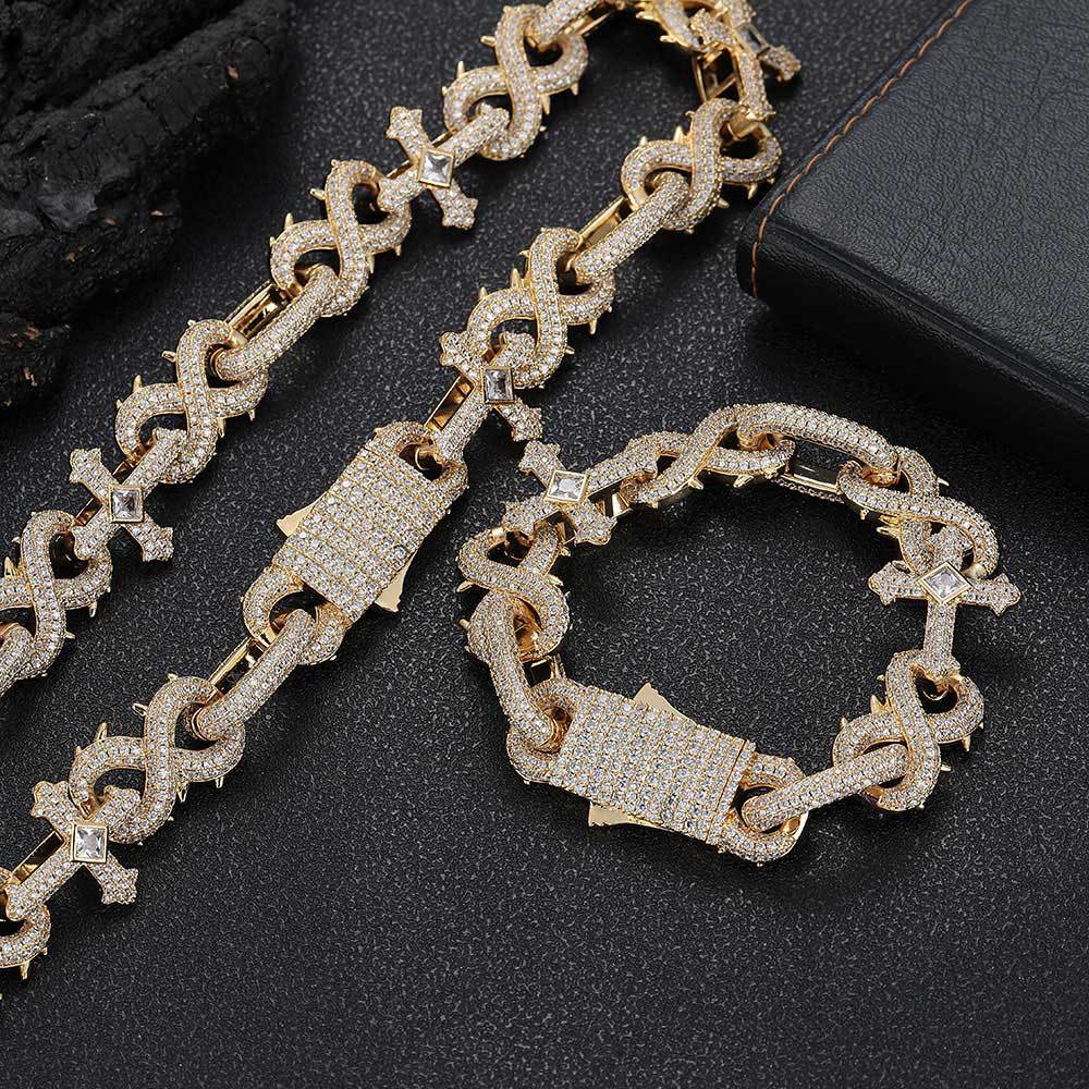 16mm Hip Hop 8 Shape Cross Cuban Chain Necklace Bracelets 5A Zircon Jewelry Set