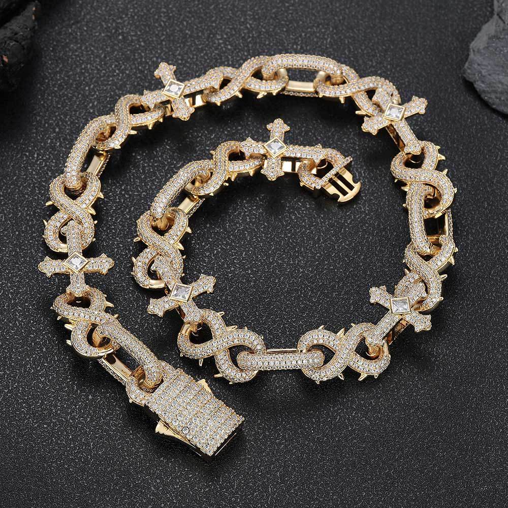 16mm Hip Hop 8 Shape Cross Cuban Chain Necklace Bracelets 5A Zircon Jewelry Set