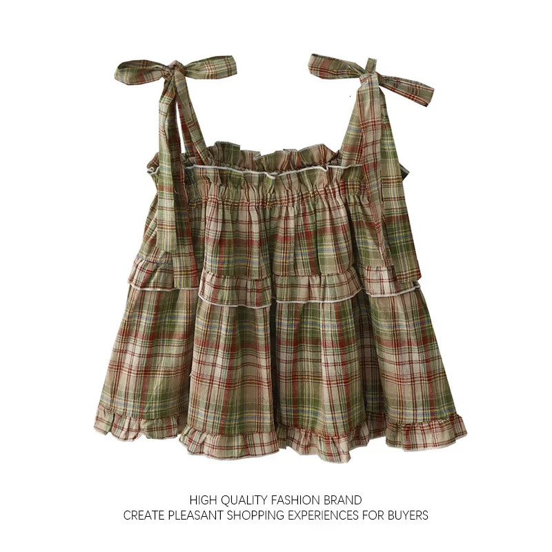 Girly Y2k Crop Top Homemade Summer Japan Style Vintage Sweet Spicy Fungus Edge Lace Up Green Plaid Strap Tank Top for Women 240523