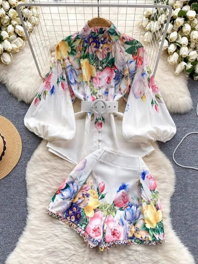 Summer Holiday Tulip Flower 2-piece Set for Womens Linen Vertical Lantern Sleeve Belt TopFlower Print Wide Leg Short Sleeve Set 240508