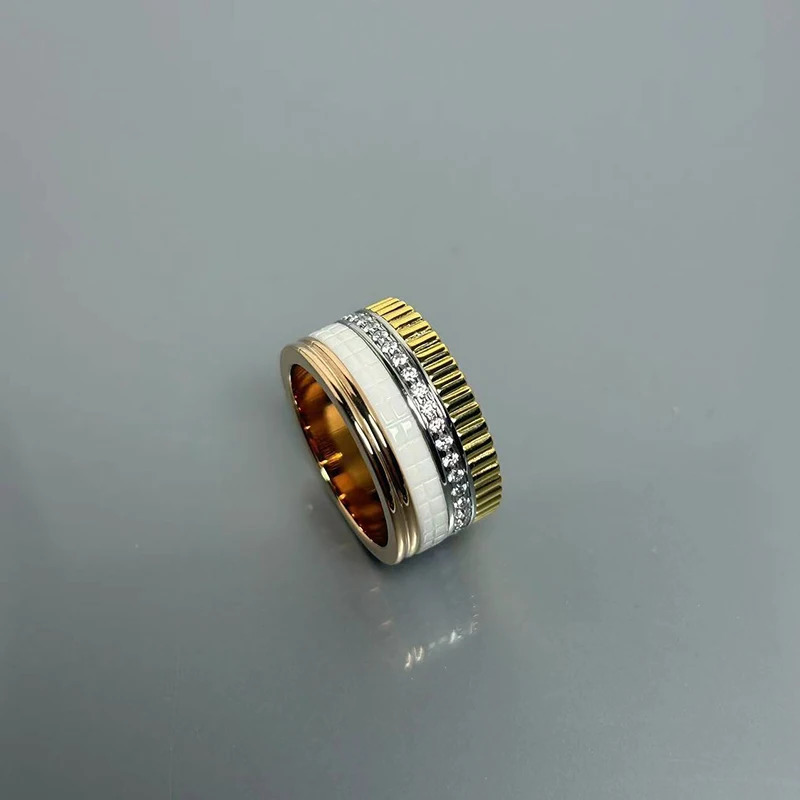 S925 French style transfer bead ring turn around starry sky row of diamonds rotatable ceramic couple 240521