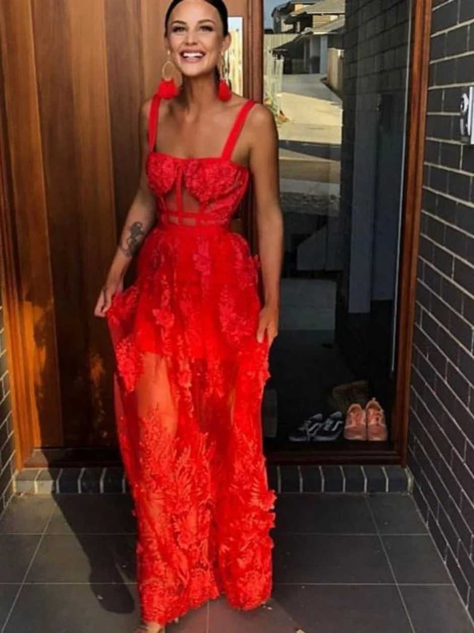 Basic Casual Dresses Ladies Red Dress Deluxe Evening Italian Spaghetti Shoulder Strap Dress Elegant Birthday Lace Dress Party Club Showcase Camissol C