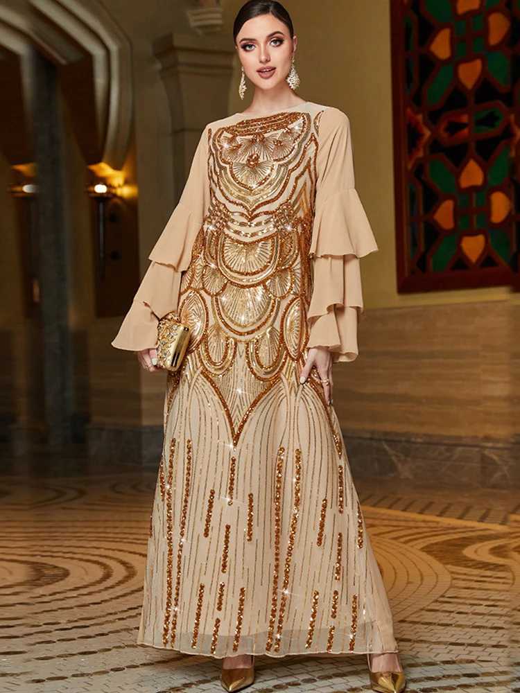 Basic Casual Dresses Round neck gold sparkling sleeve dress high-end elegance sequin embroidery long skirt Middle Eastern Muslim womens clothing J2405