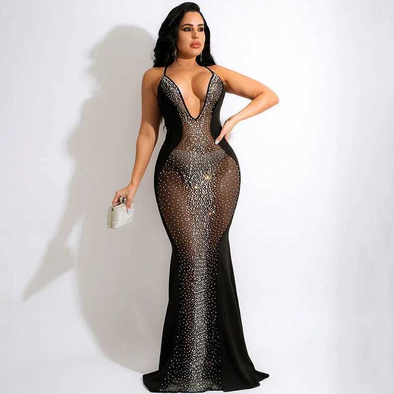 Basic Casual Dresses Sexy Crystal Rhinestone Black Maxi Dress Womens Dress Mesh Perspective Backless Mermaid Body Dress Special Occasion Set J240523