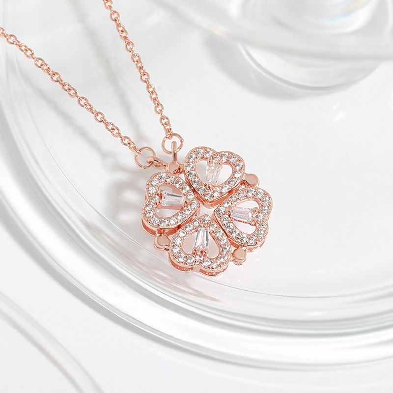 Luxury Clover Pendent Necklace 18K Real Gold Plated Opeanable Four Heart Pendent Austrian Crystal Necklace for Women Creative Design 2 Wearing Ways We