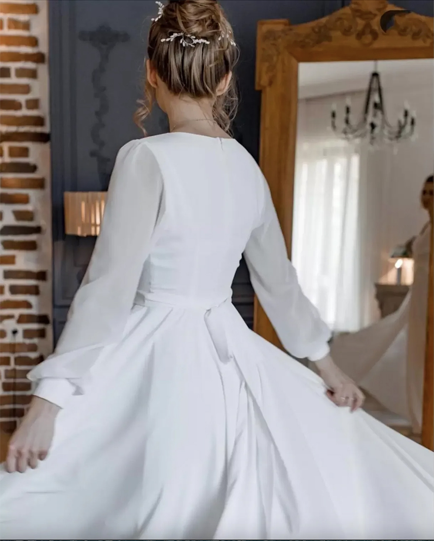 Simple A Line Chiffon Wedding Dress White Ivory Bridal Gowns V Neck Long Sleeves Floor Length With Sash Lady Summer Beach Marriage Dresses