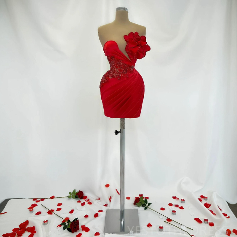 2024 Red Cocktail Dresses for Women Illusion Sheath Appliqued Beaded Lace Hand Made Flower Mini Short Prom Dresses Birthday Dress for Special Occasion