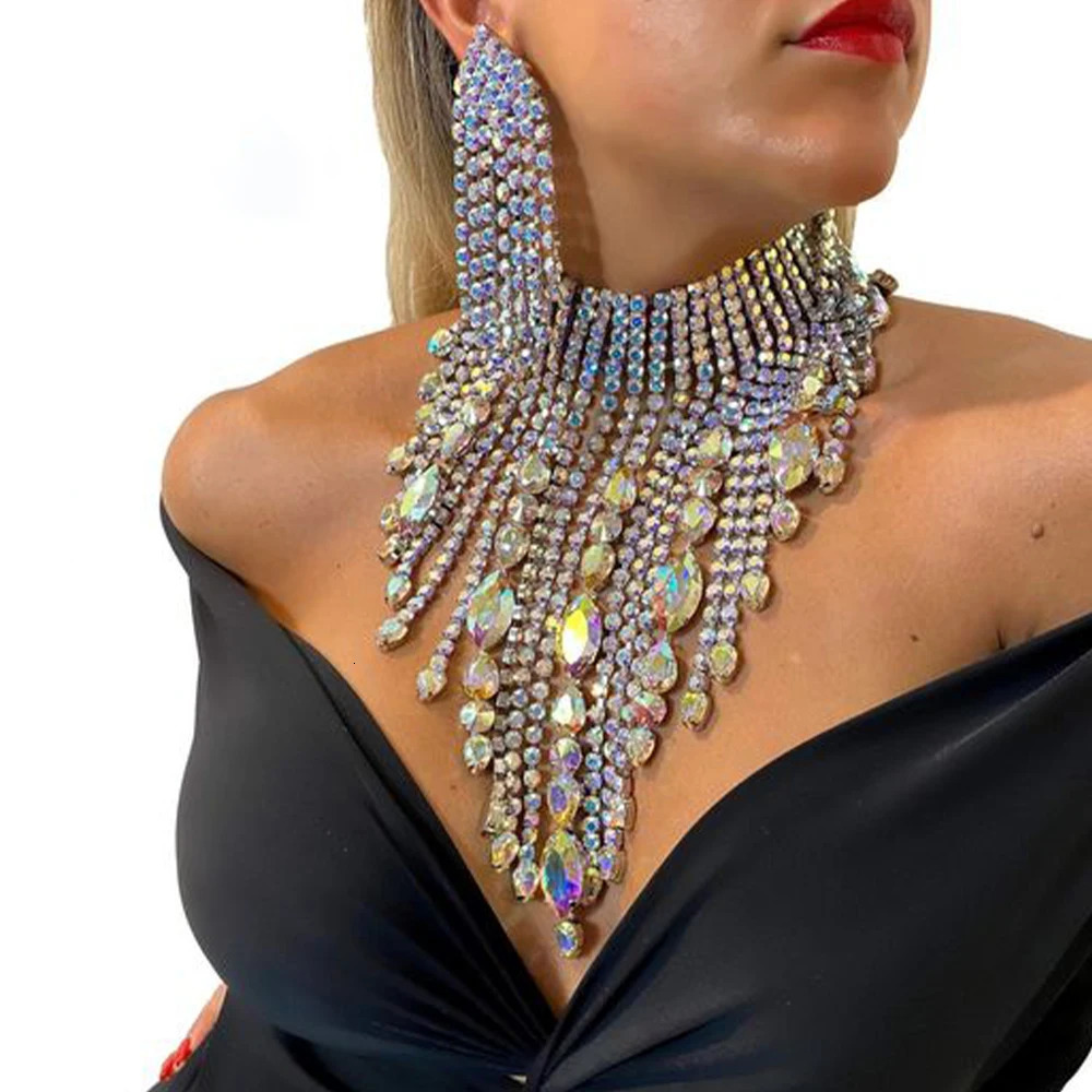 Stonefans Bohemian Drag Queen Exaggerated Tassel Necklace Set Earring Geometric Wedding Banquet African Jewelry Set Accessories 240522