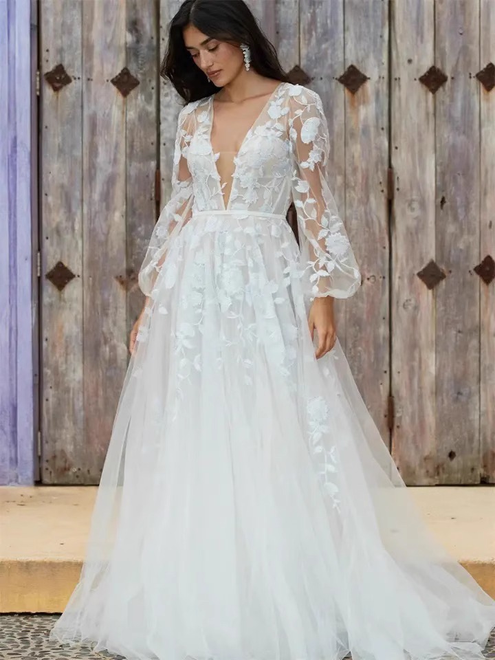 Boho A-line Wedding Dresses 2024 Women V-neck Long Puffy Sleeves Flower Lace Appliques Bridal Bride Gowns New Arrival Vestido De Novia