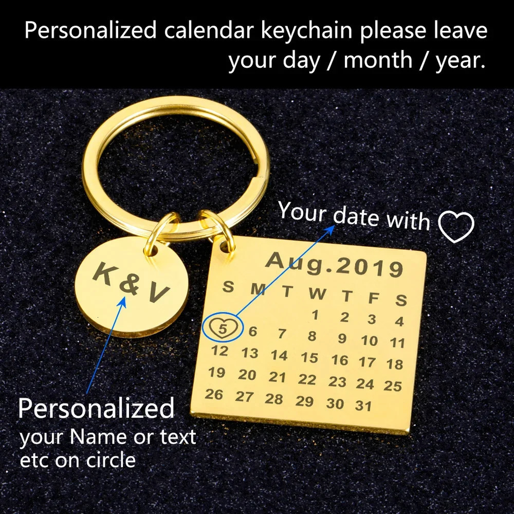 Personalized Custom Key Chain Engraved Calendar Date Stainless Steel Wedding Anniversary Gift with Box for Boyfriend Husband 240516