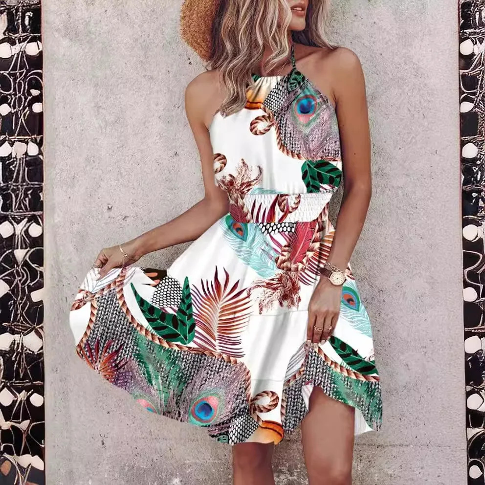 Summer Floral Print Mini Dress Women Sexy Halter Dresses For Women Casual Sleeveless Beach Holiday Dress Boho jurken dames 240514