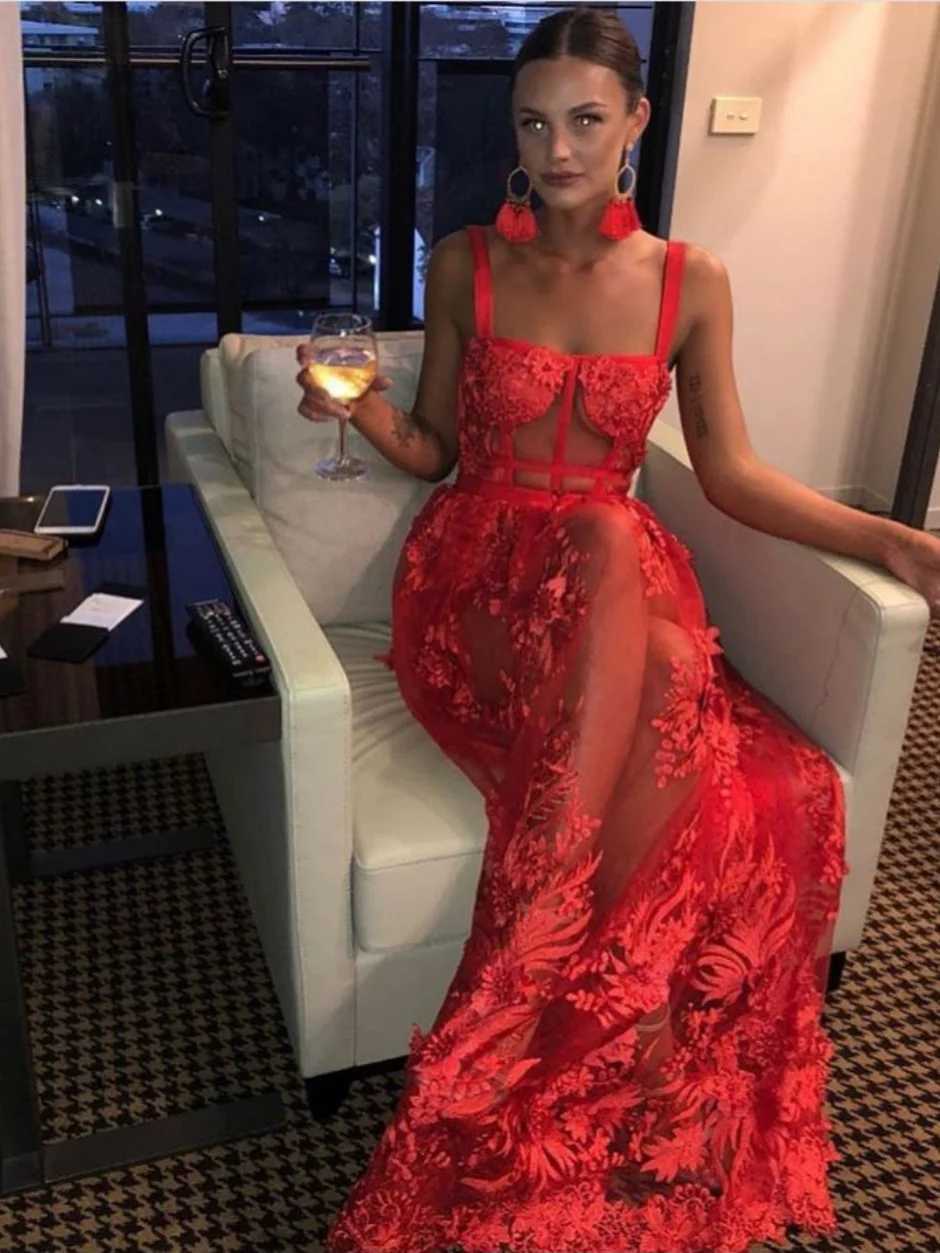 Basic Casual Dresses Ladies Red Dress Deluxe Evening Italian Spaghetti Shoulder Strap Dress Elegant Birthday Lace Dress Party Club Showcase Camissol C