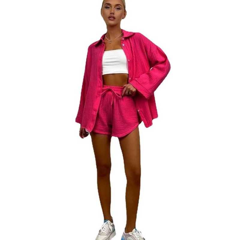 2023 New Long sleeved Commuter Shirt Shorts Set for Women