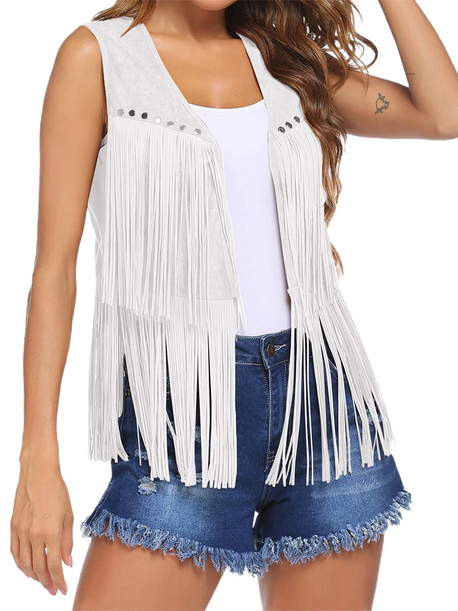 Vintage Women Tassel Vest 70s Hippie Faux Suede Rivets Sleeveless Fringe Jacket Waistcoat Streetwear SXXXL 240523