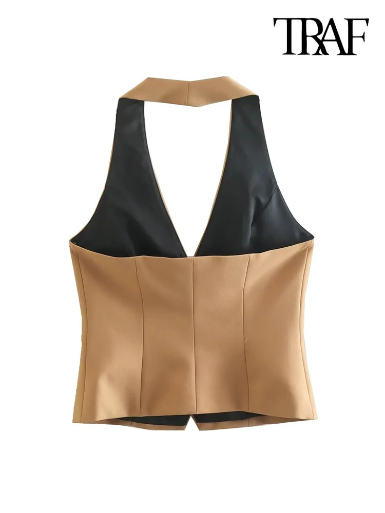 TRAFFront Button Halter Neck Waistcoat For Women Backless Sleeveless Vest Female Outerwear Chic Tops Fashion 240523