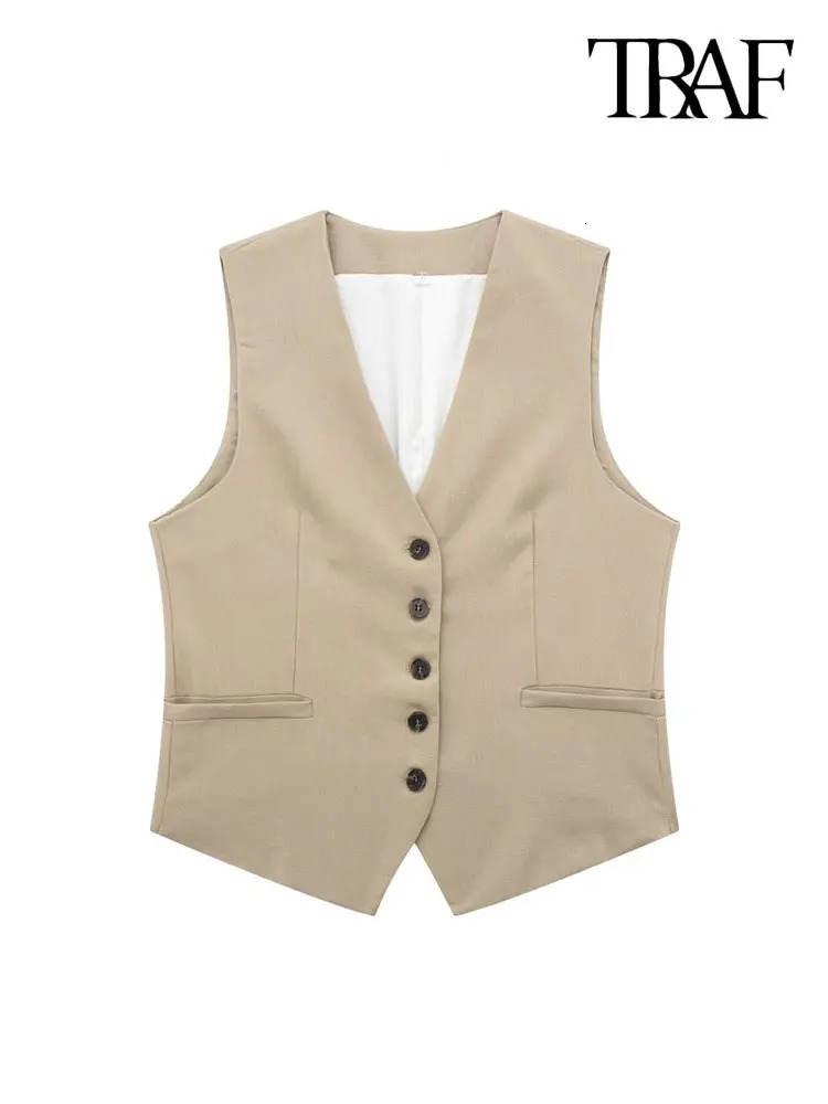 TRAF Women Fashion Front Button Linen Waistcoat Vintage V Neck Sleeveless Female Outerwear Chic Vest Tops 240523