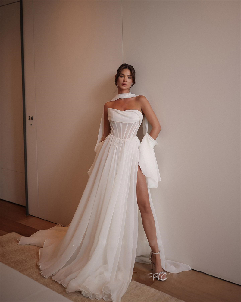 A-E Wedding Sexy Dresses Strapless Side Slit Bride Robe De Mariage Basque Waist Bohemian Bridal Dress Chiffon