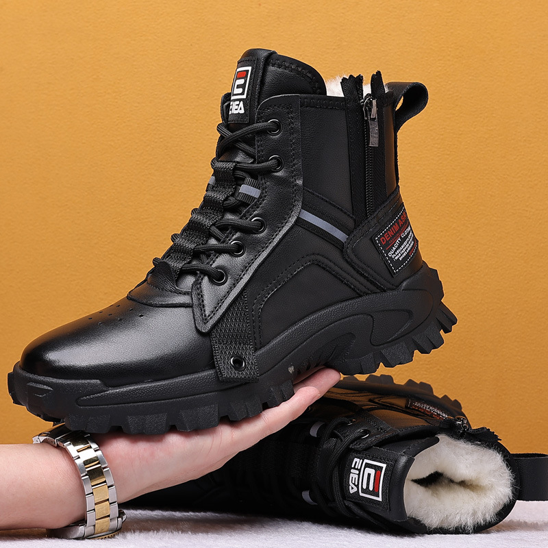 Genuine Leather Men Natural Fur Warm Ankle Snow Boots Unisex Outdoor High-top Motorcycle booties Non-slip Shoes Hiking Trainers