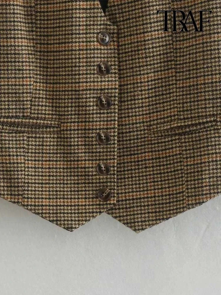TRAFWomens Front Button Houndstooth Waistcoat V Neck Sleeveless Vest Female Outerwear Chic Tops Fashion 240523